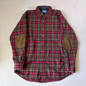 Pendleton Trail Shirt Mens Large Red Brown Plaid Wool Elbow Patches Button Up